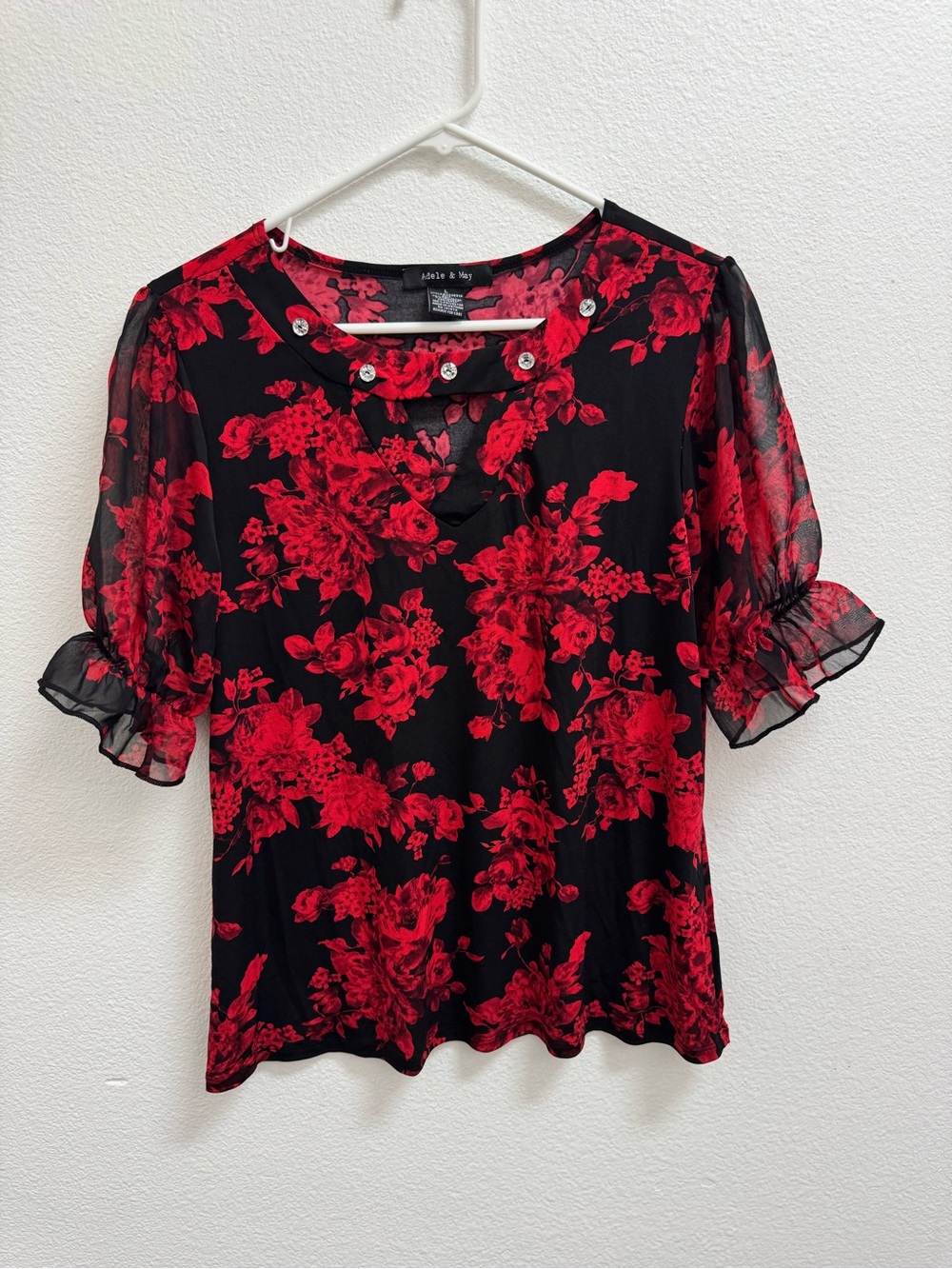 Adele & May Red Floral Black Sheer Sleeve Women's Top